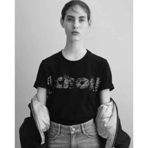 Maje X Schott Embroidered Sequined Crew Neck T-Shirt Womens Black Size 2 M